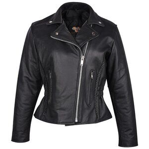 Vance Black Leather Premium Cowhide Braid Motorcycle Jacket - Woman's Size L